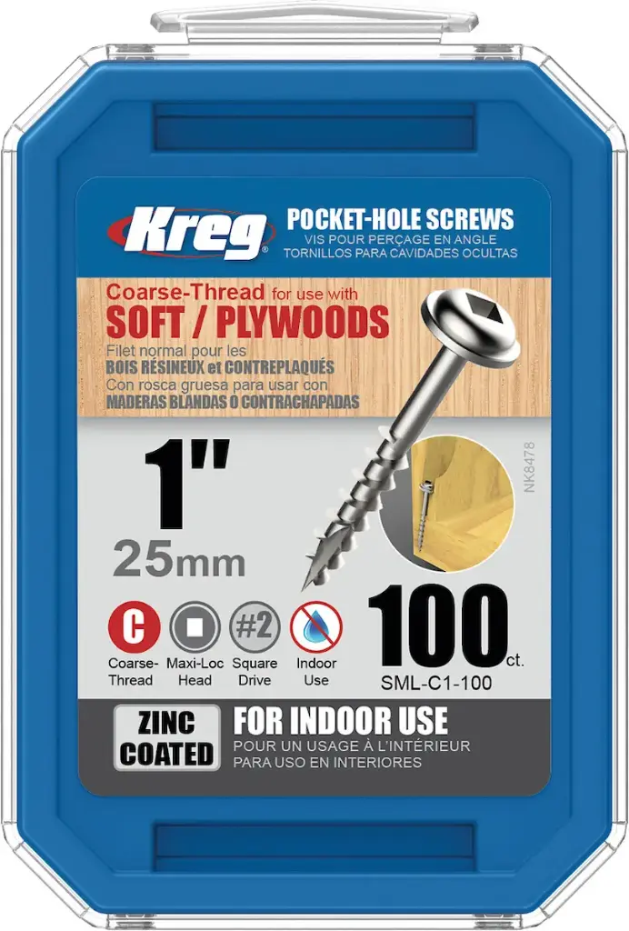 Vis à trous de poche Kreg 25 mm Revêtu de Zinc Maxi-Loc, Filetage épai, 100