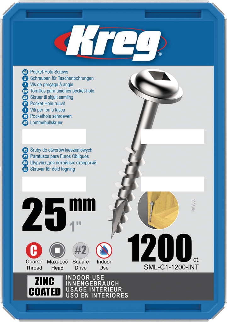 Kreg Pocket-Hole schroeven 25 mm, Zinc Coated, Maxi-Loc, Grof, 1200 stuk