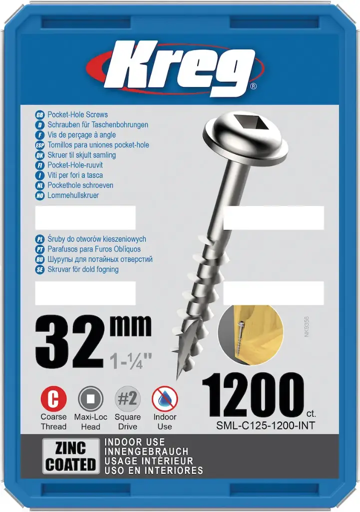 Vis à trous de poche Kreg 32 mm Revêtu de Zinc Maxi-Loc, Filetage épai, 1200