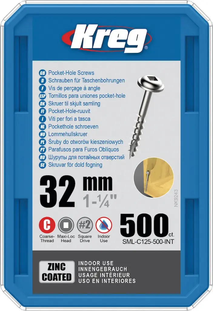 Vis à trous de poche Kreg 32 mm Revêtu de Zinc Maxi-Loc, Filetage épai, 500