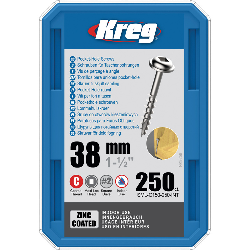 Kreg Pocket-Hole schroeven 38 mm, Zinc Coated, Maxi-Loc, Grof, 250 stuk