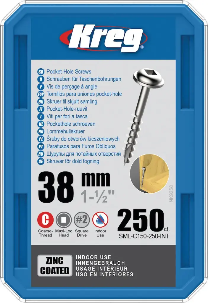 Vis à trous de poche Kreg 38 mm Revêtu de Zinc Maxi-Loc, Filetage épai, 250