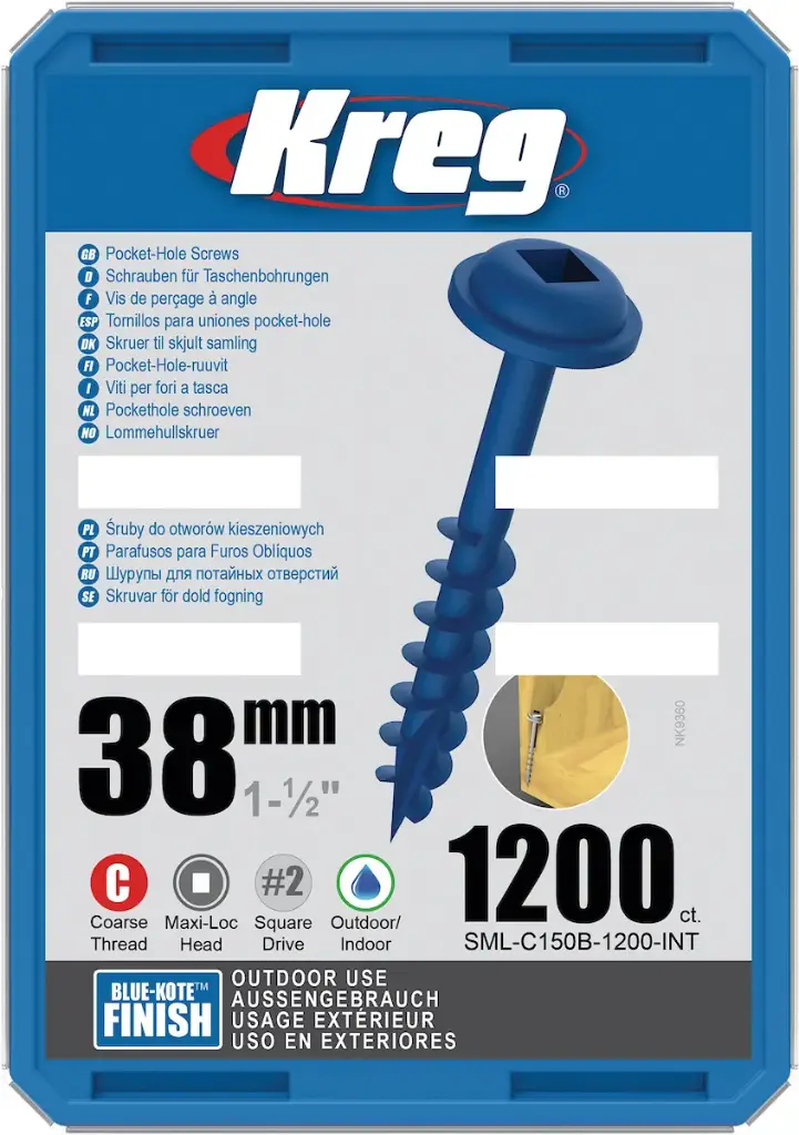 Kreg Pocket-Hole Screws 38 mm, Zinc Coated, Maxi-Loc, Coarse Thread, 1200 piece