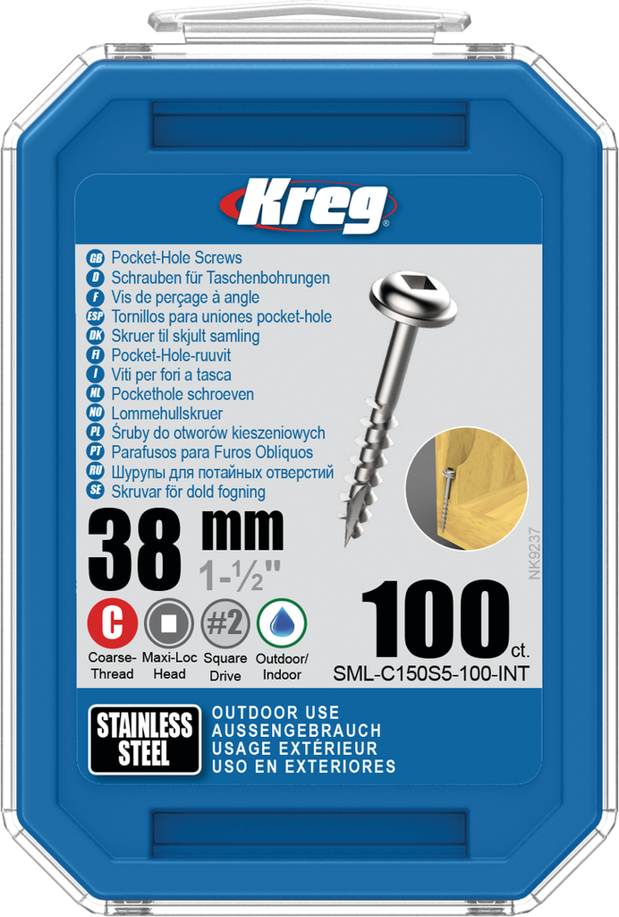 Kreg Pocket-Hole Screws 38 mm, Stainless Steel, Maxi-Loc, Coarse Thread, 100 piece