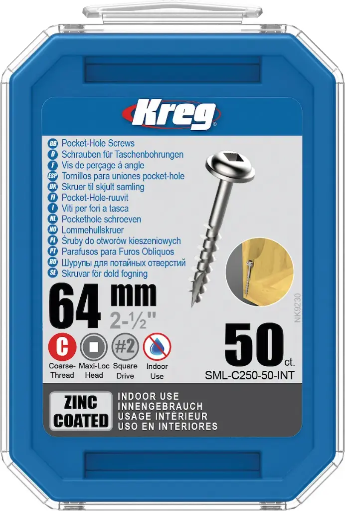 Vis à trous de poche Kreg 64 mm Revêtu de Zinc Maxi-Loc, Filetage épai, 50