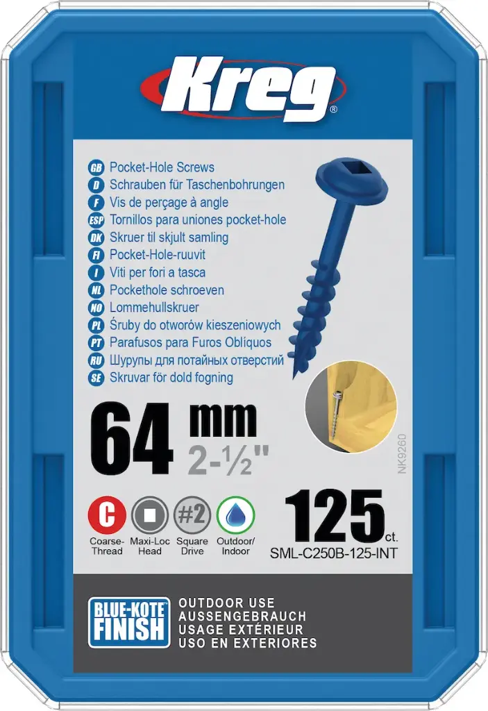 Kreg Pocket-Hole schroeven 64 mm, Blue-Kote™, Maxi-Loc, Grof, 125 stuk