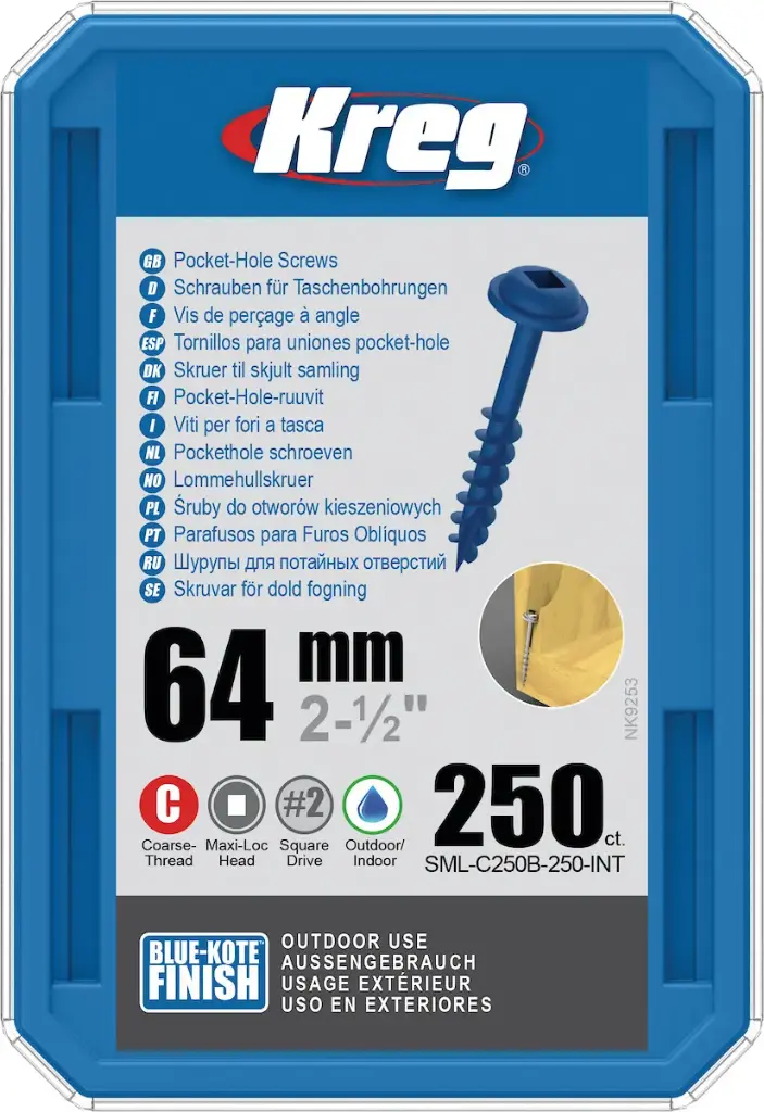 Kreg Pocket-Hole Screws 64 mm, Blue-Kote™, Maxi-Loc, Coarse Thread, 250 piece