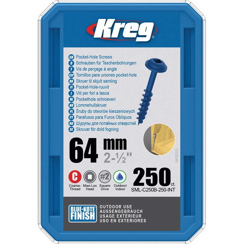 Kreg Pocket-Hole schroeven 64 mm, Blue-Kote™, Maxi-Loc, Grof, 250 stuk