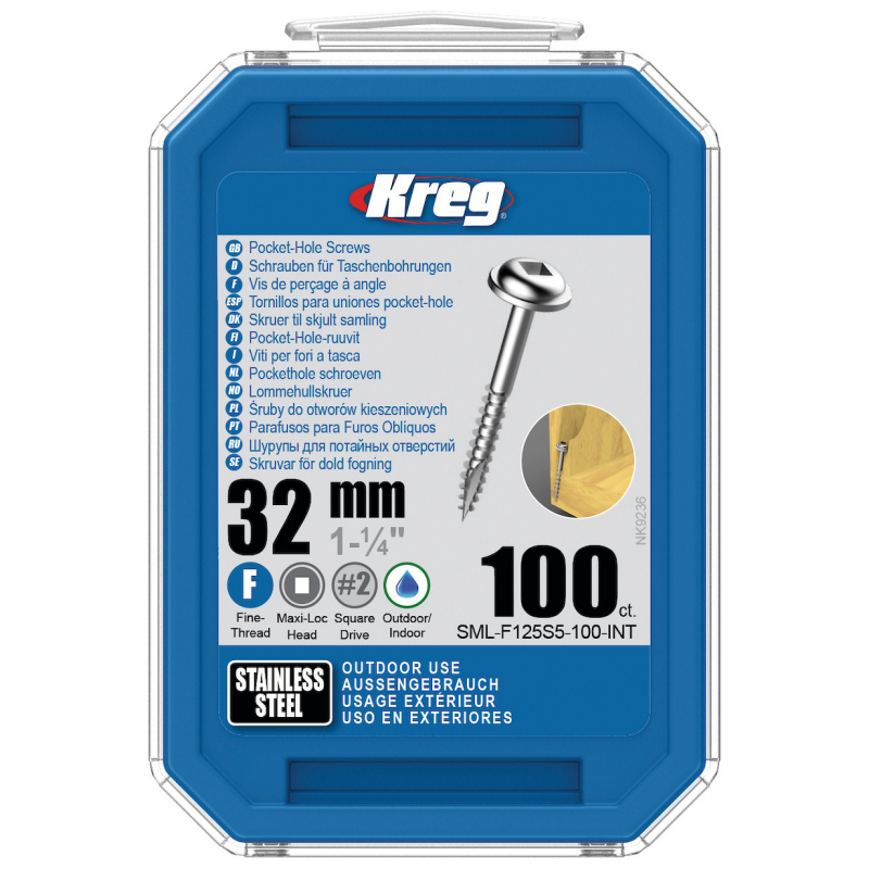 Vis à trous de poche Kreg 32 mm Inox Maxi-Loc, Filetage fin, 100