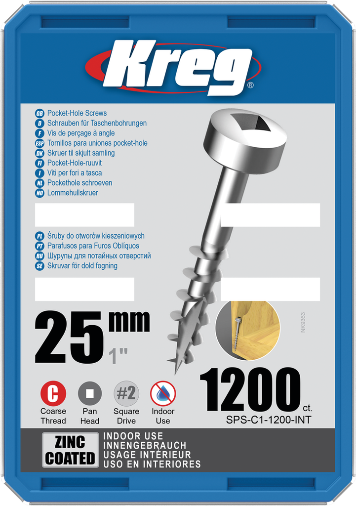 Kreg Pocket-Hole schroeven 25 mm, Zinc Coated, Pan-Head, Grof, 1200 stuk