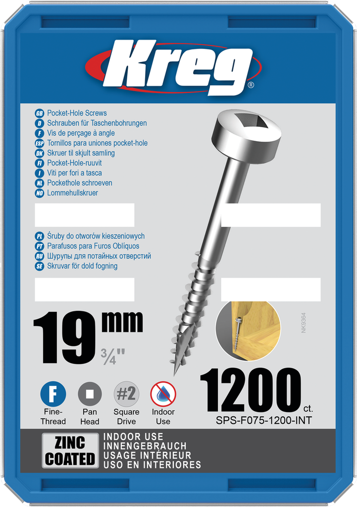 Kreg Pocket-Hole Screws 19 mm, Zinc Coated, Pan-Head, Fine Thread, 1200 piece