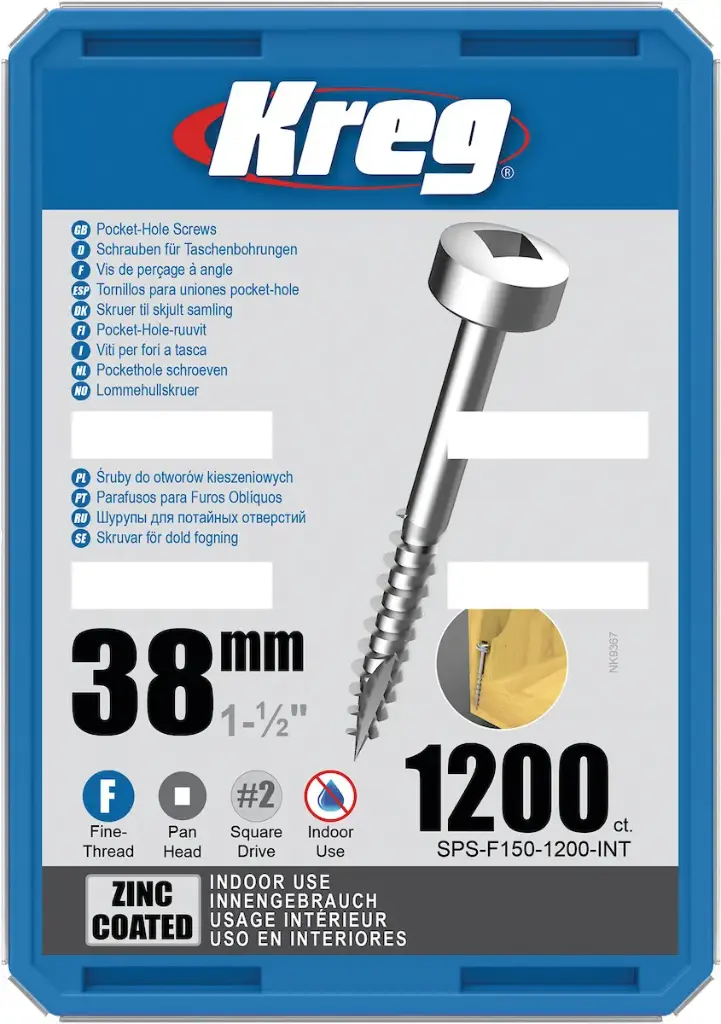 Kreg Pocket-Hole Screws 38 mm, Zinc Coated, Pan-Head, Fine Thread, 1200 piece