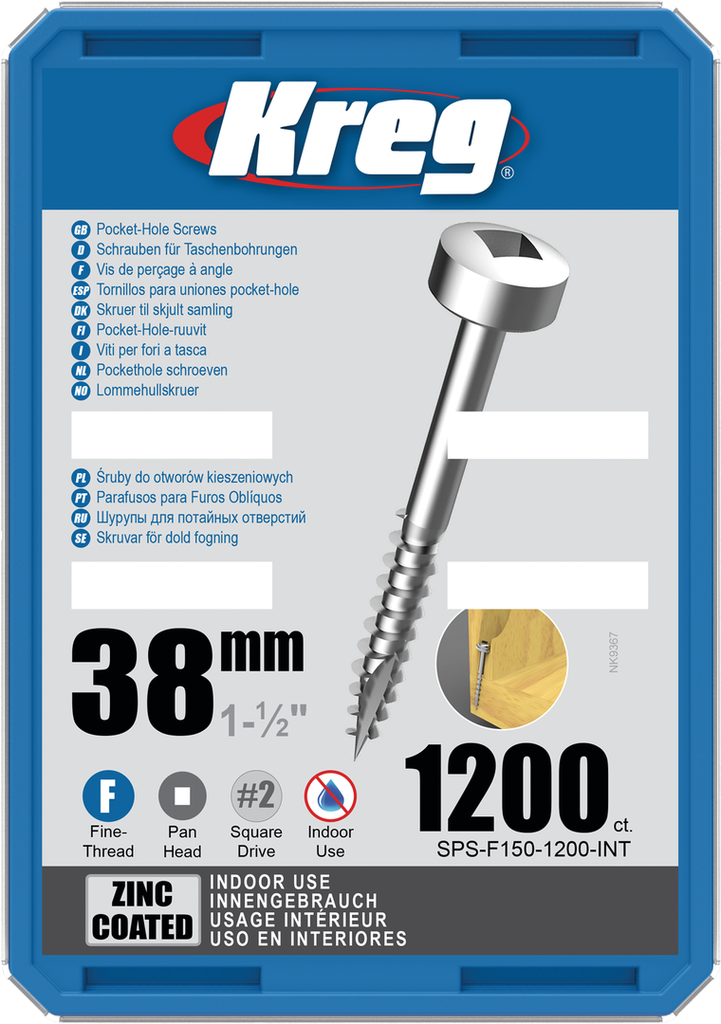 Kreg Pocket-Hole schroeven 38 mm, Zinc Coated, Pan-Head, Fijn, 1200 stuk
