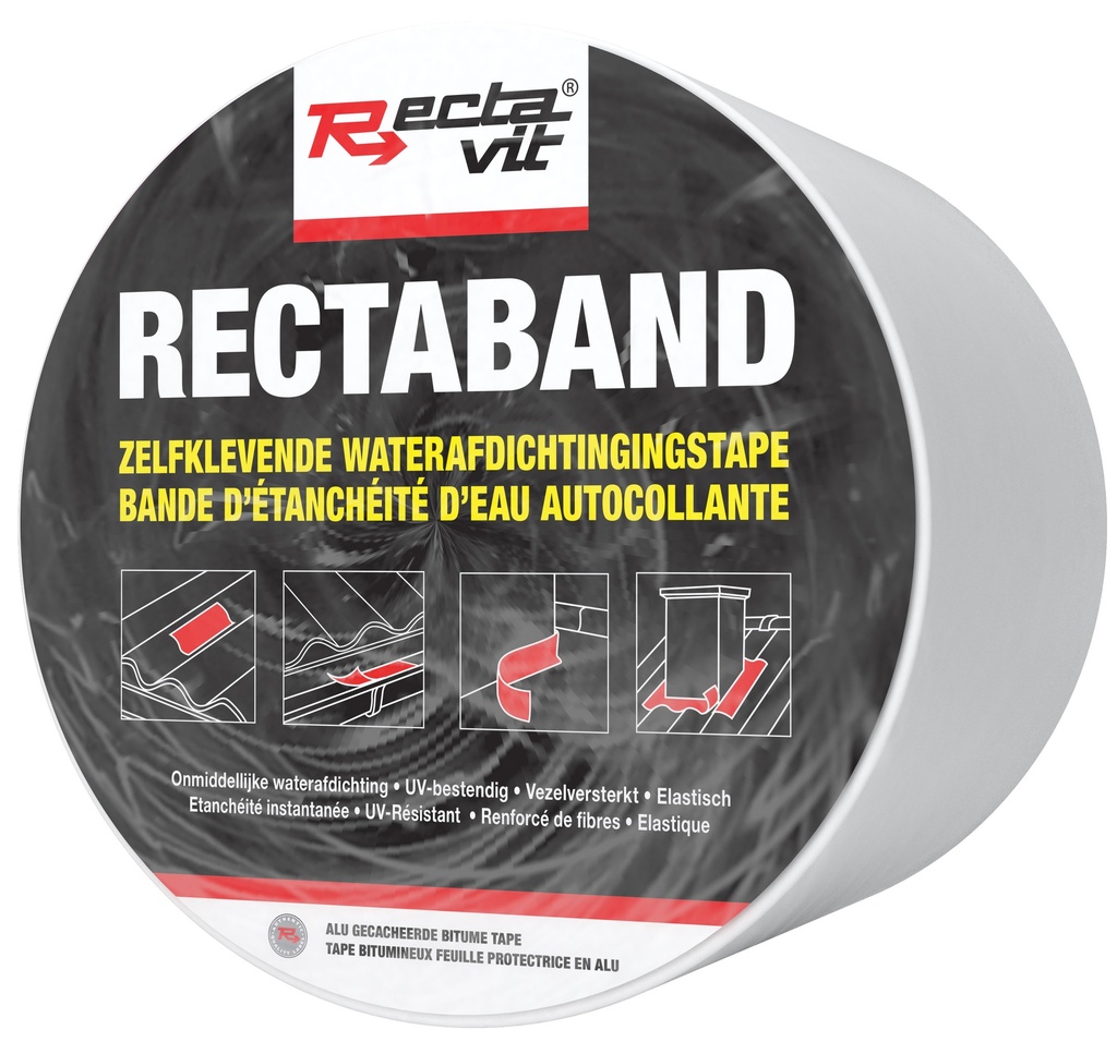  Recta-Band - 10cm x 10m - st/pc Top: zilverkleurig, lijm: zwart 1st/pc