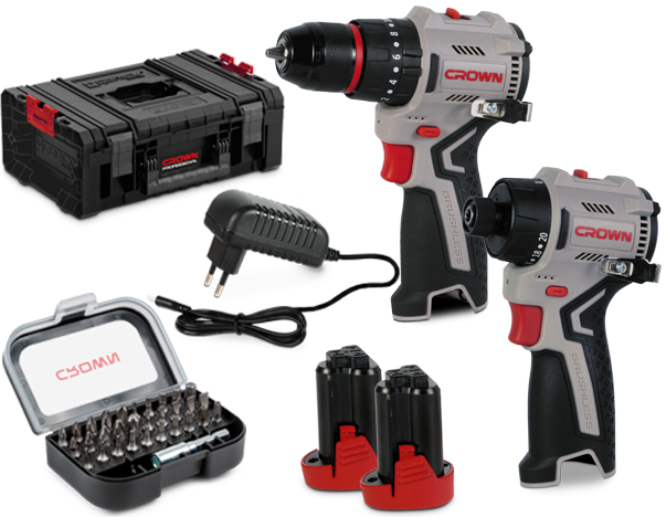 CROWN Power tools Kit; 1xCT21151HX, 1xCT21129HBX, 2xCAB122020X, 1xCAC121018X, 1xCTQ-VM; 31pcs accessories included,