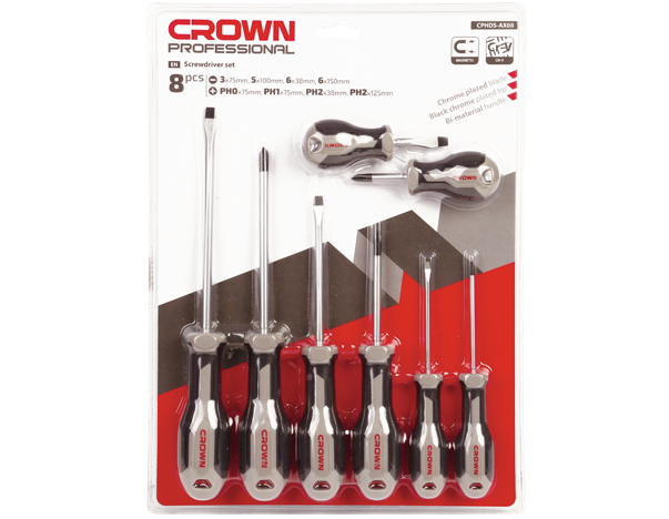 crown Professionele schroevendraaierset 8-delig, CR-V, verchroomd
3x75, 5x100, 6x38, 6x150 / PH0x75, PH1x75, PH2x38, PH2x125-CPHDS-AX08