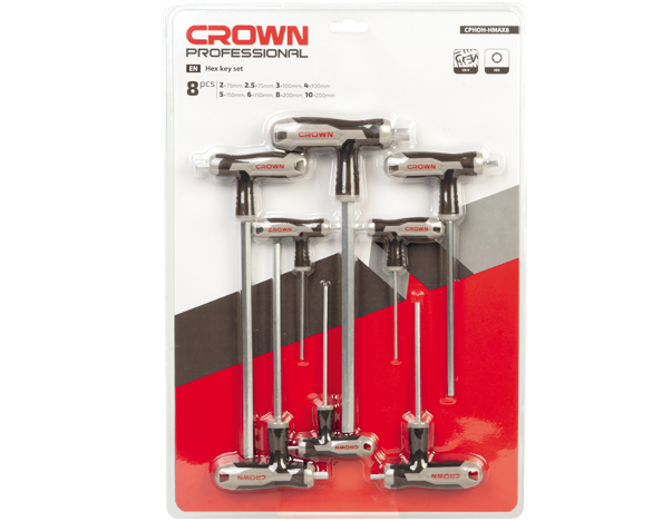 crown Professionele inbussleutelset T-greep 8-delig, CR-V, vlakke kop-CPHOH-HMAX8
