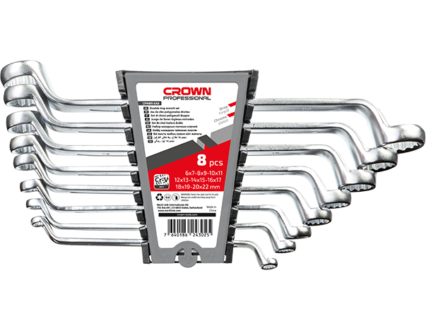 crown Professionele dubbele ringsleutelset, 8-delig, CR-V, gebrutaleerd-CPHWR-XA8
