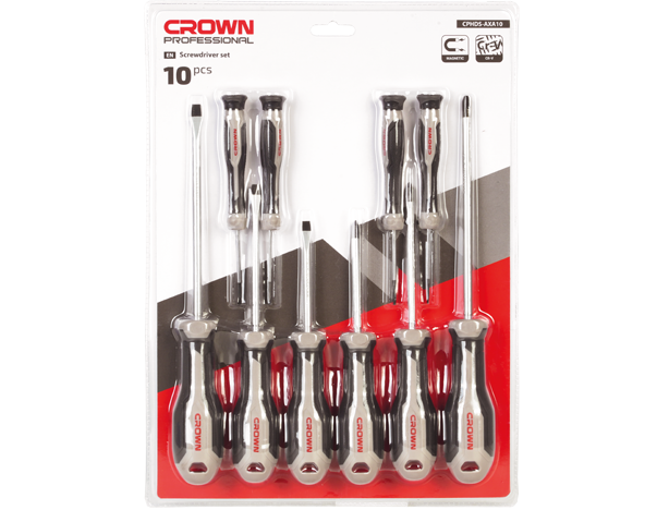 crown Professionele schroevendraaierset 10-delig, CR-V, verchroomd
 5x75, 5x100, 6x150 /  PH1x75, PH1x100, PH2x150-CPHDS-AXA10