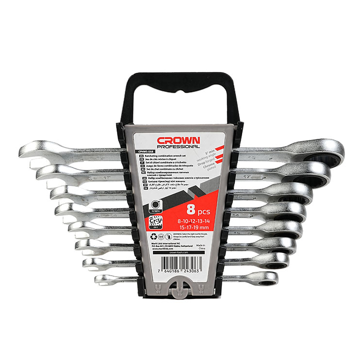 crown Professionele ratel-steekringsleutelset, 8-delig, CR-V, gebrutaleerd-CPHWS-XA8