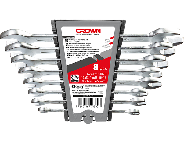 crown Professionele dubbele steeksleutelset, 8-delig, CR-V, gebrutaleerd-CPHWO-XA8