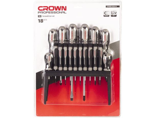 crown Professionele schroevendraaierset 18-delig, CR-V, verchroomd
 1,5x50, 2x50, 2,5x50, 3x50, 5x75, 6x38, 6x100, 8x150 /  PH000x50, PH00x50, PH0x50, PH1x75, PH2x38, PH2x100, PH3x150-CPHDS-AXA18