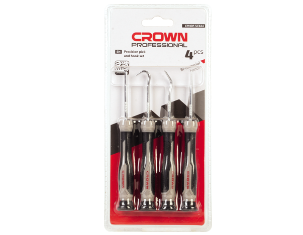 crown Professionele set 4 precisiehaken/pikken, koolstofstaal, verchroomd
recht, gebogen, 90°, 135°-CPHDP-SCXA4