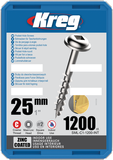 [KRE-SML-C1-1200-INT] Kreg Pocket-Hole schroeven 25 mm, Zinc Coated, Maxi-Loc, Grof, 1200 stuk
