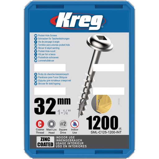 [KRE-SML-C125-1200-INT] Kreg Pocket-Hole schroeven 32 mm, Zinc Coated, Maxi-Loc, Grof, 1200 stuk
