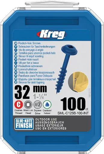 [KRE-SML-C125B-100-INT] Kreg Pocket-Hole Screws 32, Blue-Kote™, Maxi-Loc, Coarse Thread, 100 piece