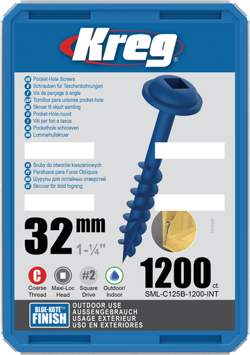 [KRE-SML-C125B-1200-INT] Kreg Pocket-Hole Screws 32 mm, Blue-Kote™, Maxi-Loc, Coarse Thread, 1200 piece