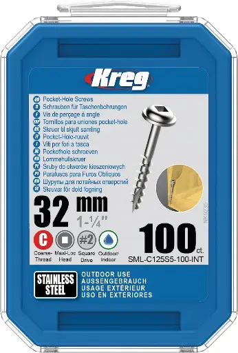 [KRE-SML-C125S5-100-INT] Kreg Pocket-Hole Screws 32, Stainless Steel, Maxi-Loc, Coarse Thread, 100 piece