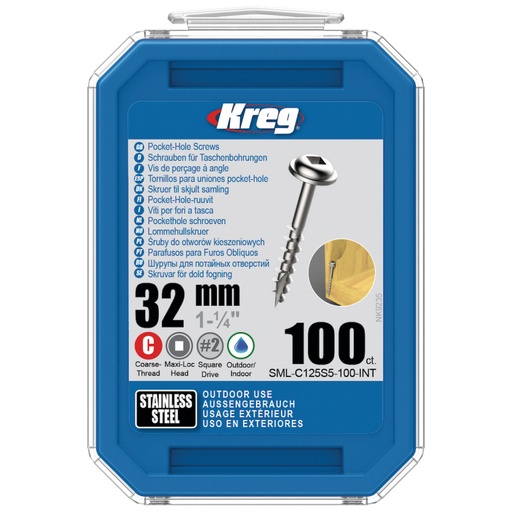 [KRE-SML-C125S5-100-INT] Kreg Pocket-Hole Screws 32, Stainless Steel, Maxi-Loc, Coarse Thread, 100 piece