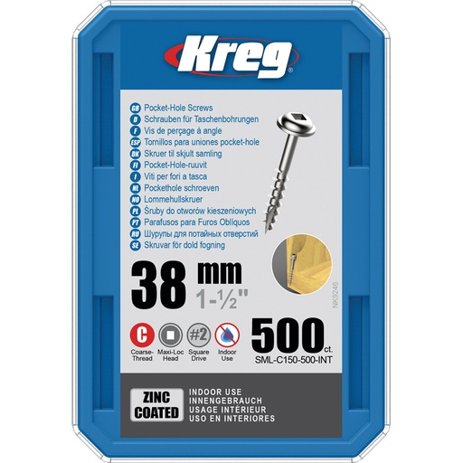 [KRE-SML-C150-500-INT] Kreg Pocket-Hole schroeven 38 mm, Zinc Coated, Maxi-Loc, Grof, 500 stuk