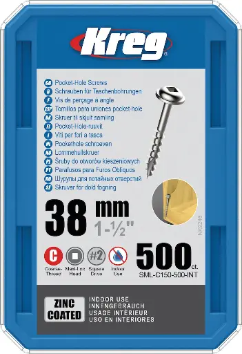 [KRE-SML-C150-500-INT] Kreg Pocket-Hole schroeven 38 mm, Zinc Coated, Maxi-Loc, Grof, 500 stuk