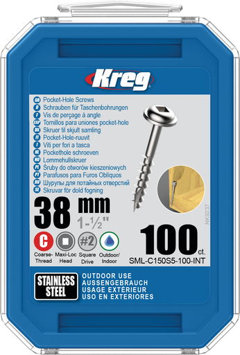 [KRE-SML-C150S5-100-INT] Vis à trous de poche Kreg 38 mm Inox Maxi-Loc, Filetage épai, 100