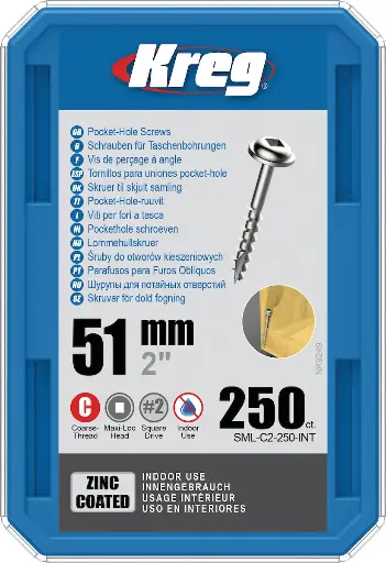 [KRE-SML-C2-250-INT] Kreg Pocket-Hole Screws 51 mm, Zinc Coated, Maxi-Loc, Coarse Thread, 250 piece