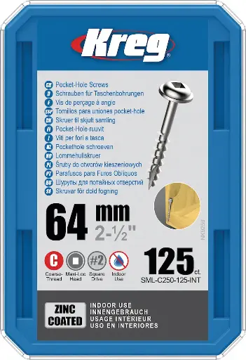 [KRE-SML-C250-125-INT] Kreg Pocket-Hole Screws 64 mm, Zinc Coated, Maxi-Loc, Coarse Thread, 125 piece