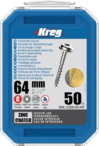 [KRE-SML-C250-50-INT] Kreg Pocket-Hole Screws 64 mm, Zinc Coated, Maxi-Loc, Coarse Thread, 50 piece