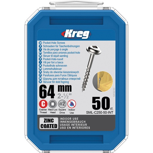 [KRE-SML-C250-50-INT] Kreg Pocket-Hole schroeven 64 mm, Zinc Coated, Maxi-Loc, Grof, 50 stuk