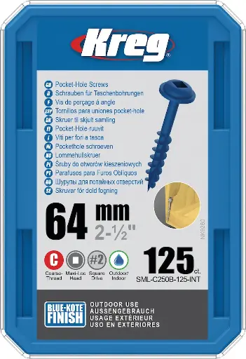 [KRE-SML-C250B-125-INT] Kreg Pocket-Hole Screws 64 mm, Blue-Kote™, Maxi-Loc, Coarse Thread, 125 piece
