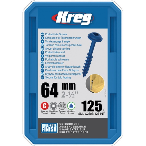 [KRE-SML-C250B-125-INT] Kreg Pocket-Hole schroeven 64 mm, Blue-Kote™, Maxi-Loc, Grof, 125 stuk
