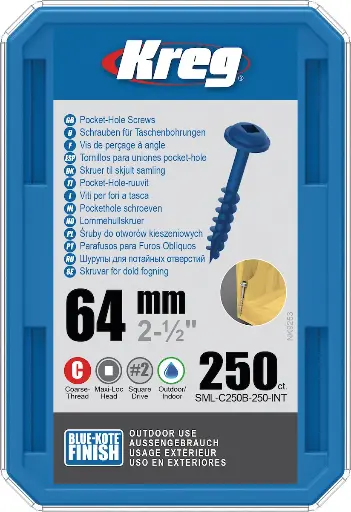 [KRE-SML-C250B-250-INT] Kreg Pocket-Hole Screws 64 mm, Blue-Kote™, Maxi-Loc, Coarse Thread, 250 piece