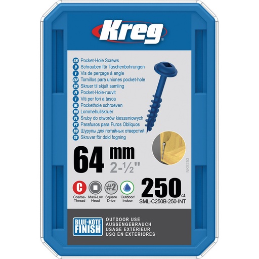 [KRE-SML-C250B-250-INT] Kreg Pocket-Hole schroeven 64 mm, Blue-Kote™, Maxi-Loc, Grof, 250 stuk