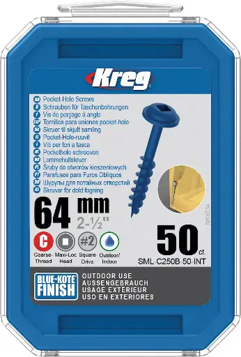 [KRE-SML-C250B-50-INT] Kreg Pocket-Hole Screws 64 mm, Blue-Kote™, Maxi-Loc, Coarse Thread, 50 piece