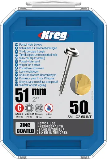 [KRE-SML-C2-50-INT] Kreg Pocket-Hole Screws 51 mm, Zinc Coated, Maxi-Loc, Coarse Thread, 50 piece