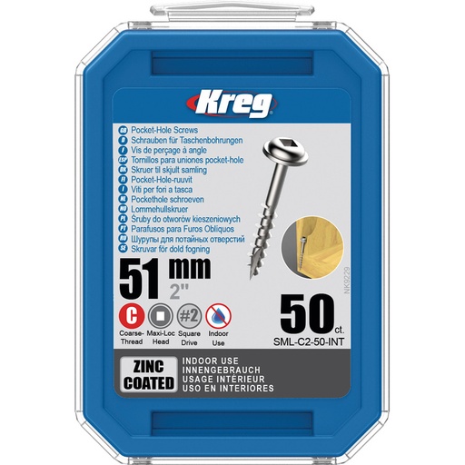 [KRE-SML-C2-50-INT] Kreg Pocket-Hole schroeven 51 mm, Zinc Coated, Maxi-Loc, Grof, 50 stuk