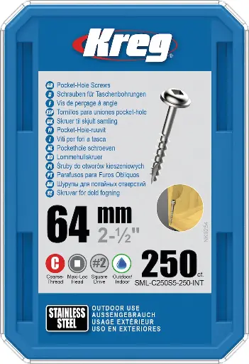 [KRE-SML-C250S5-250-INT] Kreg Pocket-Hole Screws 64 mm, Stainless Steel, Maxi-Loc, Coarse Thread, 250 piece