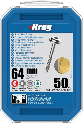 [KRE-SML-C250S5-50-INT] Kreg Pocket-Hole schroeven 64 mm, RVS, Maxi-Loc, Grof, 50 stuk