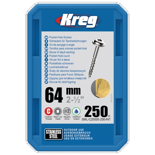 [KRE-SML-C250S5-50-INT] Vis à trous de poche Kreg 64 mm Inox Maxi-Loc, Filetage épai, 50